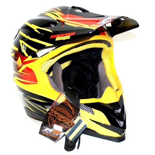 red and yellow motorcycle helmet