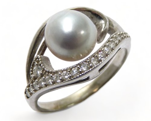 14ct White Gold Ladies Pearl Diamond Ring Size K 0.19ct TDW ...